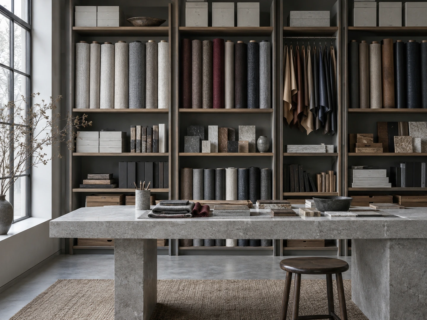 A conceptual material library with fabric rolls, leather samples and archival boxes above a stone workbench.