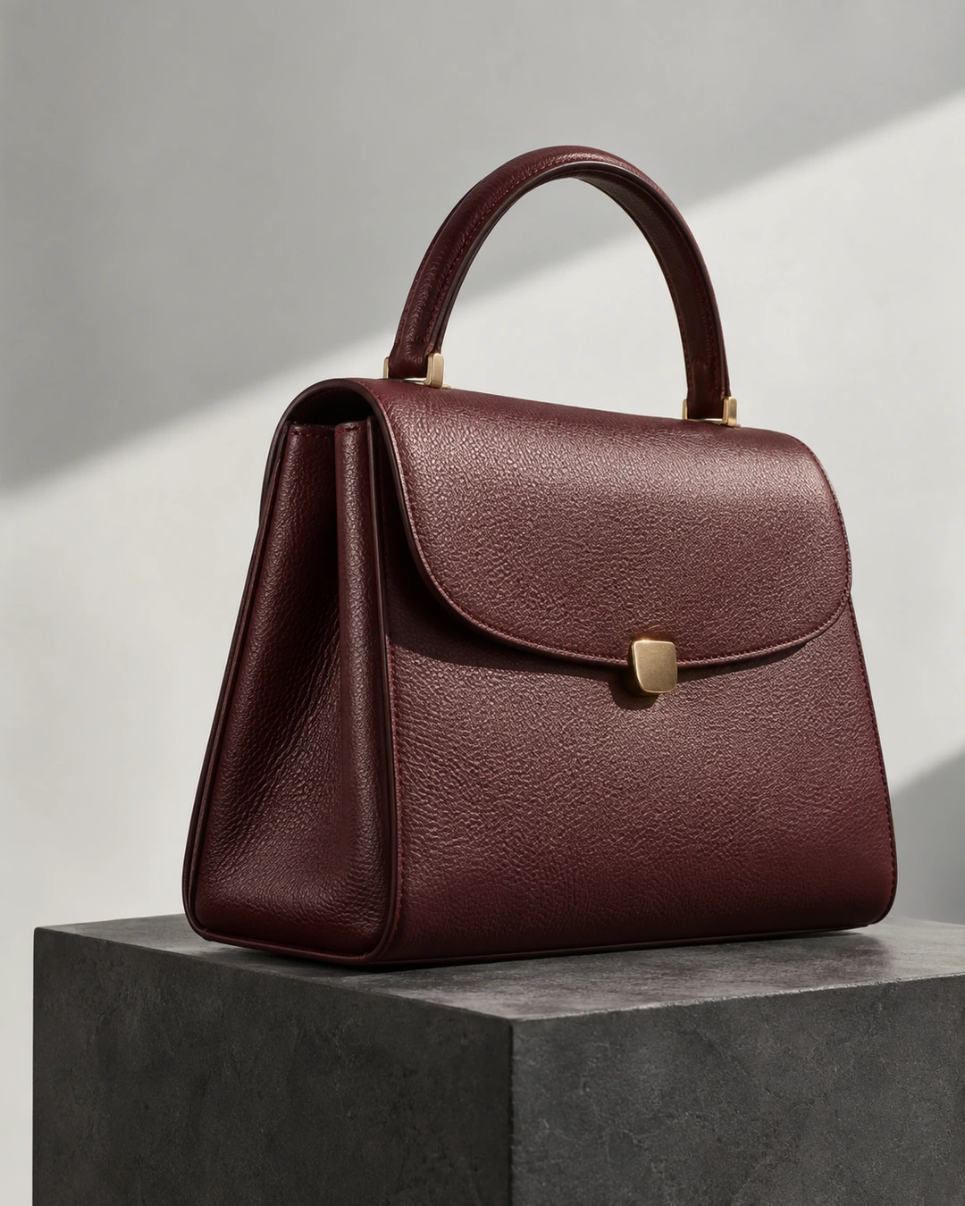 A structured burgundy leather handbag viewed from the side, showing its handle, gusset and leather grain.