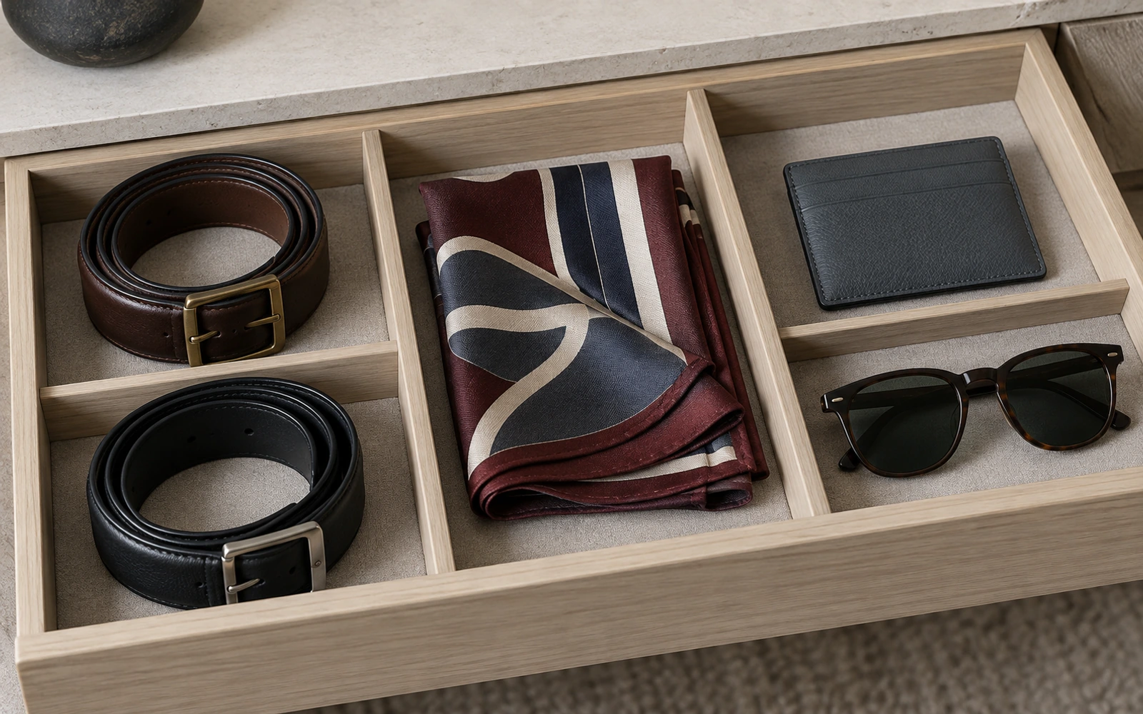 Belts, a folded scarf, a card holder and sunglasses arranged in separate compartments of a display drawer.